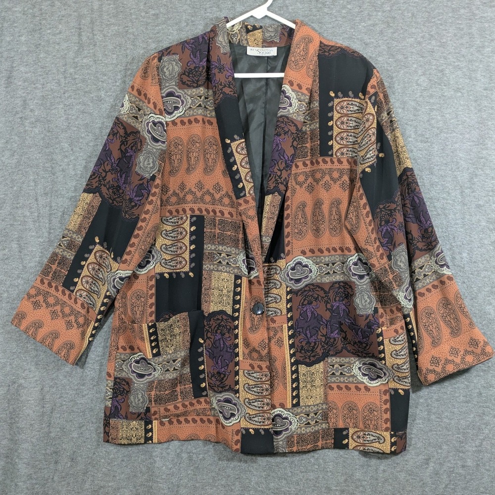 Kensington Square Vintage Paisley Patchwork Blazer Brown Black Purple Size XL